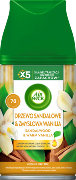 Wkład Air Wick Freshmatic Sandalwood & Vanilla, zielono-białe opakowanie, działa do 70 dni. Widok przodu.