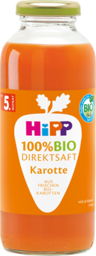 Szklana butelka HiPP 100% BIO soku marchwiowego dla niemowląt od 5. miesiąca, widok z przodu.
