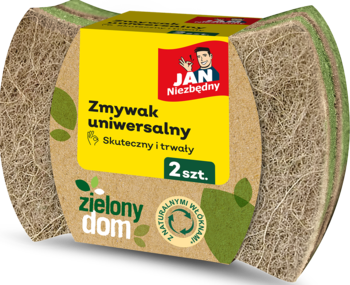 Dwa brązowo-zielone zmywaki uniwersalne Zielony Dom, w żółto-zielonym opakowaniu z recyklingu, widok z przodu.