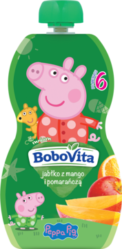 BoboVita Peppa Pig mus jabłko, mango, pomarańcza w zielonej saszetce. Z przodu Peppa, George i cyfra 6.