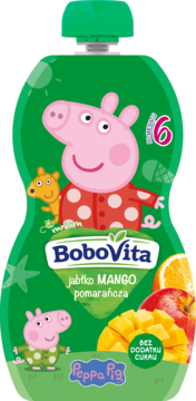 Mus BoboVita Peppa Pig jabłko mango pomarańcza, zielona saszetka bez cukru, widok z przodu.