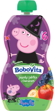 Fioletowy mus BoboVita Peppa Pig wiedźma z różdżką. Smak jagody, jabłka i banany, widok frontalny.