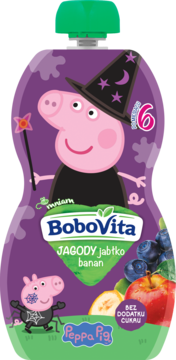 Fioletowy mus BoboVita Peppa Pig z jagód, jabłek i bananów, bez cukru, dla dzieci od 6 miesiąca, widok z przodu.