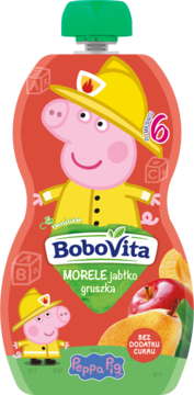 BoboVita tubka Peppa Pig, Morele jabłko gruszka, bez cukru. Czerwone opakowanie z Peppą strażakiem i owocami.