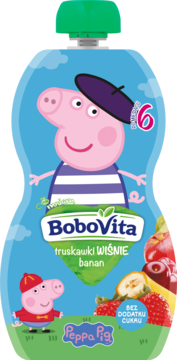 Mus BoboVita truskawka wiśnia banan, z Peppa Pig w berecie, napis 'bez dodatku cukru', na niebieskim tle.