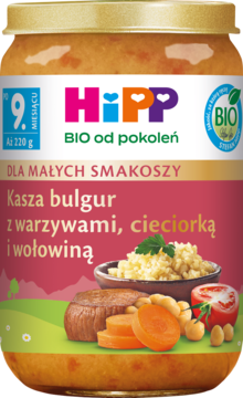 HIPP BIO od pokoleń Dla Małych Smakoszy,danie w słoiczku, kasza bulgur z warzywami, cieciorką i wołowiną, 11m+,przód