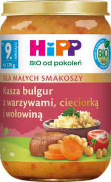 Słoik HiPP BIO z kaszą bulgur, warzywami i wołowiną dla niemowląt od 9. miesiąca, widok z przodu.