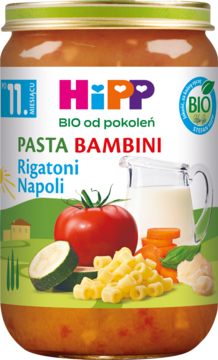 HIPP BIO od pokoleń ,danie w słoiczku, Rigatoni napoli, 11m+,przód