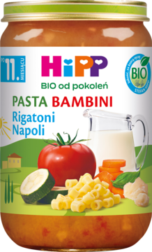 Słoik HiPP Pasta Bambini Rigatoni Napoli dla dzieci od 11 m., na etykiecie makaron, pomidor, warzywa.