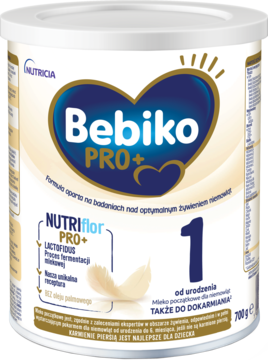 Biała puszka Bebiko PRO+ 1 mleko początkowe NUTRIflor PRO+, 700g, dla niemowląt od urodzenia, widok z przodu.