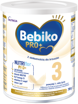 Bebiko PRO+ 3, mleko modyfikowane Nutriflor, dla dzieci po 1. roku, biało-niebieska puszka, widok z przodu.