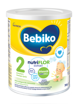 Bebiko 2 NUTRIflor Expert, mleko następne dla niemowląt 6m+, w żółto-niebieskiej puszce, widok z przodu.