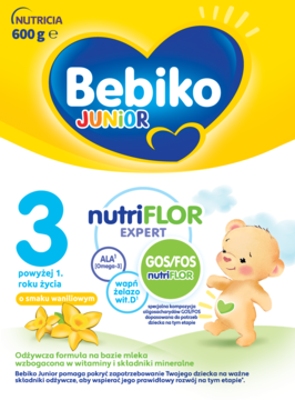 Bebiko Junior 3 o smaku waniliowym, opakowanie 600g, żółto-niebieskie, widok z przodu z misiem.