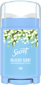 Antyperspirant Secret Delicate Scent, błękitny sztyft z grafiką konwalii, widok z przodu, 48H.
