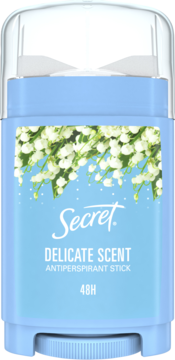 Antyperspirant Secret Delicate Scent, błękitny sztyft z grafiką konwalii, widok z przodu, 48H.