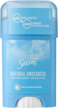 Secret Natural Unscented antyperspirant w sztyfcie, jasnoniebieski, widok z przodu, z pH Balanced i 48H ochroną.