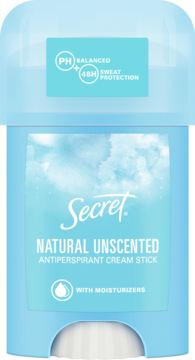 Secret Natural Unscented antyperspirant kremowy w sztyfcie, błękitne opakowanie z chmurami, przód.