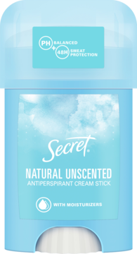 Secret Natural Unscented antyperspirant kremowy w sztyfcie, błękitne opakowanie z chmurami, przód.