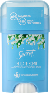 Secret Delicate Scent 48H Antiperspirant Cream Stick, pH balanced, light blue, front view with lily of the valley.