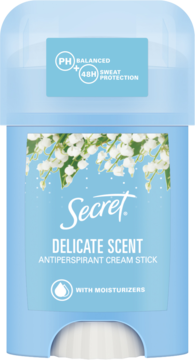 Antyperspirant Secret Delicate Scent w jasnoniebieskim sztyfcie, z kwiatami konwalii i napisem 48H Protection.