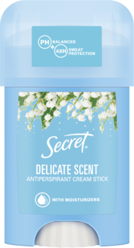 Antyperspirant Secret Delicate Scent w jasnoniebieskim sztyfcie, z kwiatami konwalii i napisem 48H Protection.