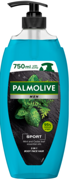 Palmolive Men Sport 3w1 żel pod prysznic 750ml, turkusowa butelka z pompką, miętą i cedrem, widok przodem.