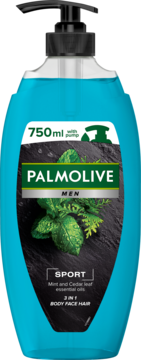 Niebieska butelka żelu Palmolive Men Sport 3w1 z pompką, 750ml. Mięta i cedr, do ciała, twarzy i włosów.