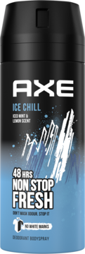 Axe Ice Chill dezodorant 48h, czarno-niebieski spray z grafiką lodu, napis "no white marks", widok z przodu.