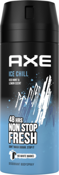 Axe Ice Chill dezodorant 48h, czarno-niebieski spray z grafiką lodu, napis "no white marks", widok z przodu.