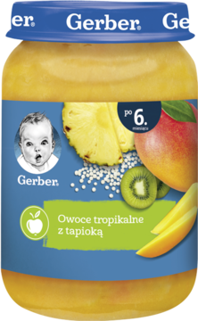 GERBER ,deserek w słoiczku, Owoce tropikalne z tapioką, po 6.m-cu,przód