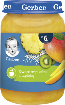 Gerber Owoce tropikalne z tapioką po 6m, słoiczek z grafiką ananasa, mango i kiwi na niebieskiej etykiecie.