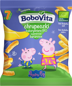 Fioletowa paczka BoboVita chrupeczki kukurydziane BIO bananowe z Peppą i Georgem Pig, dla 7+ miesięcy.