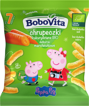 Zielona paczka BoboVita chrupki kukurydziane marchewkowe BIO z Peppą Pig i Georgem, widok z przodu.