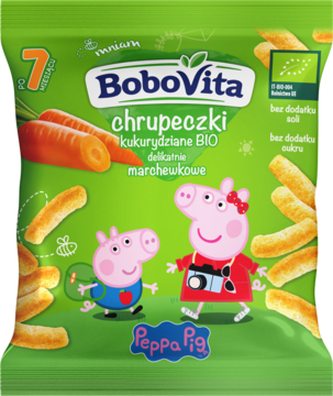 Zielona paczka BoboVita chrupki kukurydziane marchewkowe BIO z Peppą Pig i Georgem, widok z przodu.