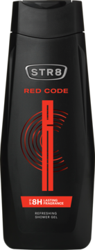 Czarny żel pod prysznic STR8 RED CODE z czerwonym, pionowym elementem graficznym i napisem 8H lasting fragrance.