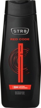 Czarny żel pod prysznic STR8 RED CODE z czerwonym, pionowym elementem graficznym i napisem 8H lasting fragrance.