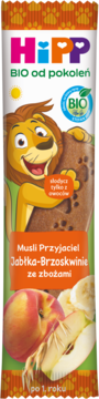 HiPP BIO Musli Przyjaciel Jabłka-Brzoskwinie ze zbożami, batonik z lwem, jabłkiem, brzoskwinią, bananem, dla dzieci od roku.