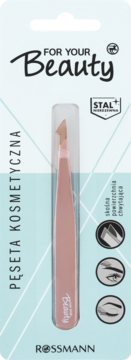 Pęseta kosmetyczna For Your Beauty Rossmann, różowa, stal nierdzewna, ze skośną końcówką, w opakowaniu.
