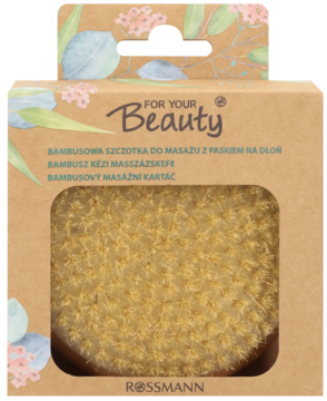 Bambusowa szczotka do masażu For Your Beauty w brązowym kartonowym opakowaniu z okienkiem i roślinnym nadrukiem.