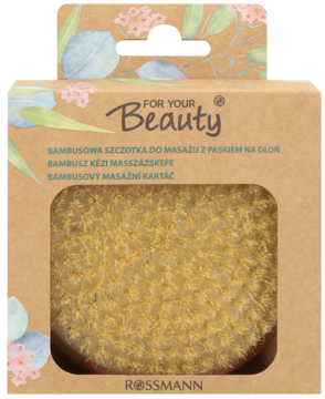 Bambusowa szczotka do masażu For Your Beauty w brązowym kartonowym opakowaniu z okienkiem i roślinnym nadrukiem.