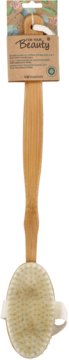 Bambusowa szczotka For Your Beauty 2w1 do masażu z długim uchwytem, w beżowym opakowaniu z kwiatowym wzorem.