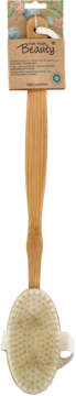 Bambusowa szczotka For Your Beauty 2w1 do masażu z długim uchwytem, w beżowym opakowaniu z kwiatowym wzorem.
