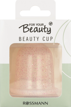 Jasnoróżowy z brokatem, transparentny kubeczek antycellulitowy For Your Beauty w blistrze Rossmann, widok z przodu.