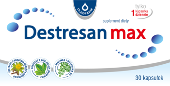 Białe opakowanie suplementu Destresan max na stres, z głównym logo i ikoną "OLEJ Z KONOPI", widok z przodu.
