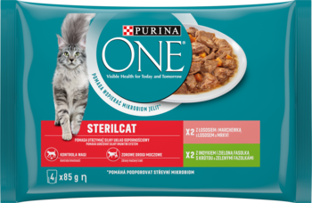 Purina One Sterilcat, mokra karma dla sterylizowanych kotów, kurczak, łosoś, indyk. Saszetka z kotem.