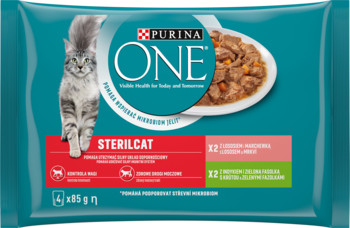 Purina One Sterilcat, mokra karma dla sterylizowanych kotów, kurczak, łosoś, indyk. Saszetka z kotem.