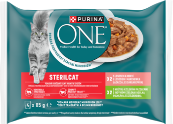 Purina One Sterilcat karma mokra, multipak 4x85g, z indykiem i łososiem, zielono-czerwone opakowanie z kotem.