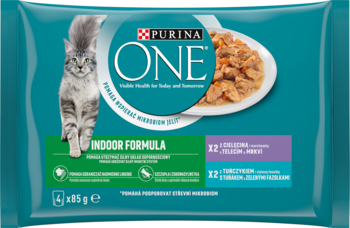 Purina ONE Indoor Formula mokra karma dla kotów, cielęcina/tuńczyk, na turkusowej saszetce kot i miska mięsa.