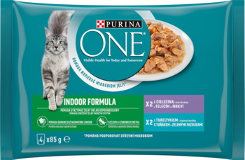 Purina ONE Indoor Formula mokra karma dla kotów, cielęcina/tuńczyk, na turkusowej saszetce kot i miska mięsa.