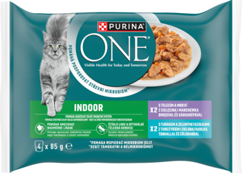 Purina ONE Indoor mokra karma dla kota, multi-pack 4x85g, cielęcina/tuńczyk, turkusowe opakowanie z kotem.